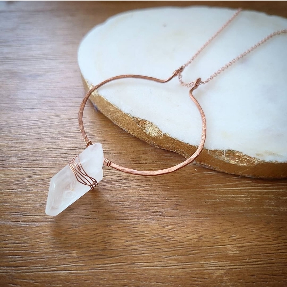 Hammered Copper Quartz Crystal Pendant Necklace